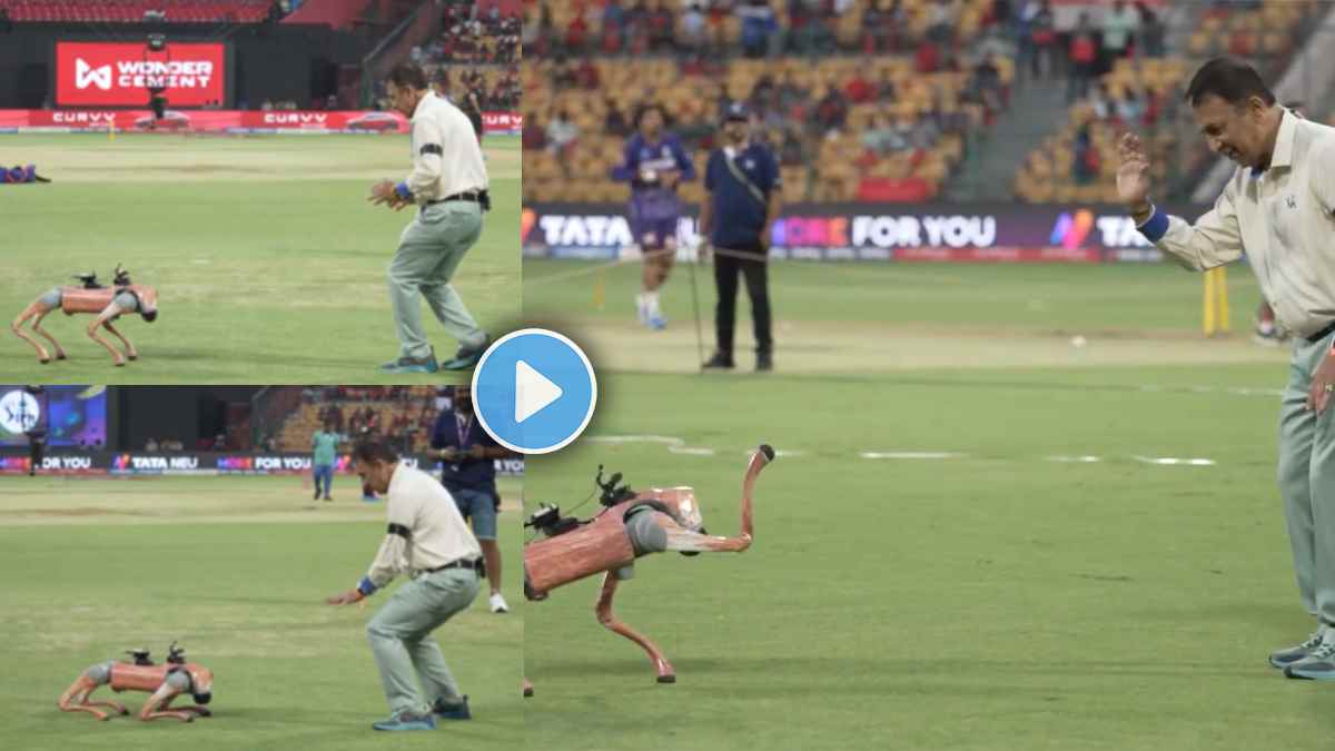 Sunil Gavaskar plays with robo dog Champak before RCB vs RR match video Viral IPL 2025