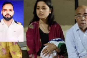 Himanshi Narwal, wife of Navy Lieutenant Vinay Narwal who was killed in the terror attack near Pahalgam, at the cremation ground in Karnal on Wednesday. (Express photo by Jasbir Malhi)