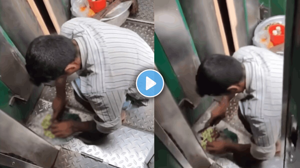 man cutting onion outside of toilet in train viral video on social media