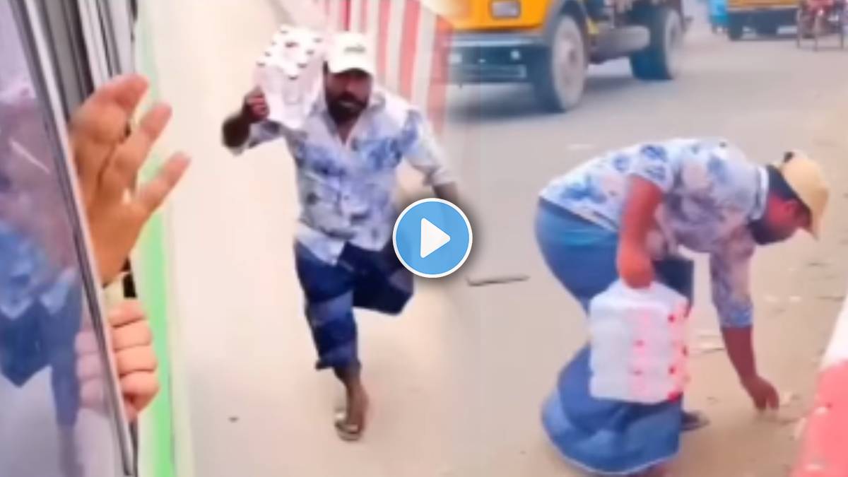 seller struggle to give his customer water bottle