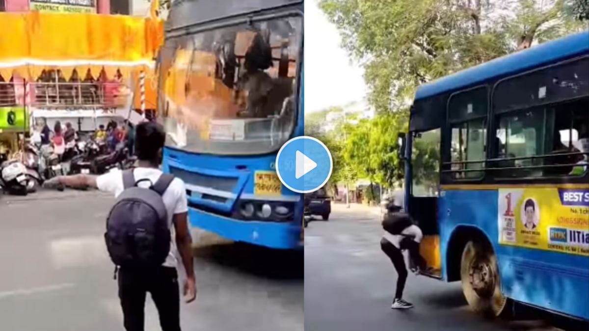 a boy stop pmt bus to tie his shoelaces