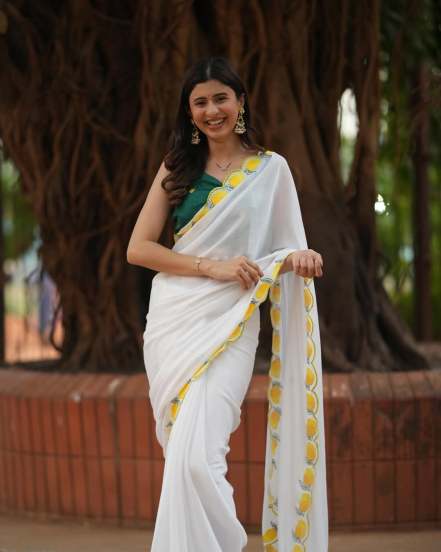 Ankita Prabhu Walawalkar White Saree Look
