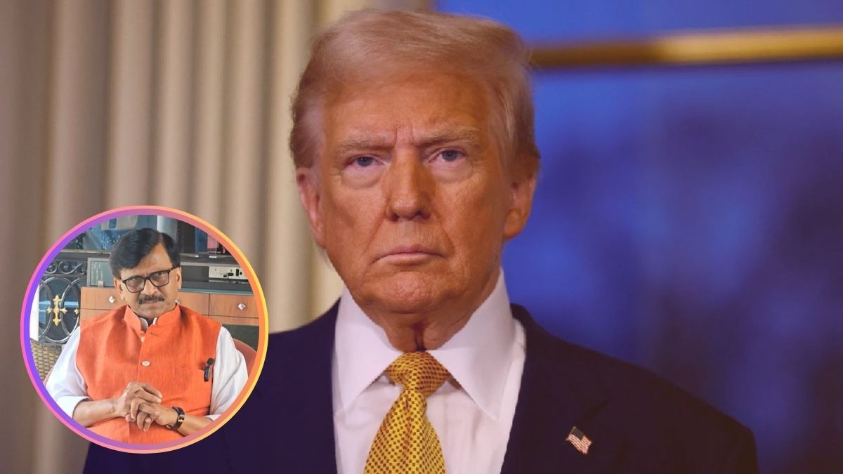 Sanjay Raut addressing media, referring to Donald Trump as 'sarpanch' during remarks on US involvement