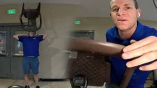 Man balanced a chair on the chin for 90 minutes