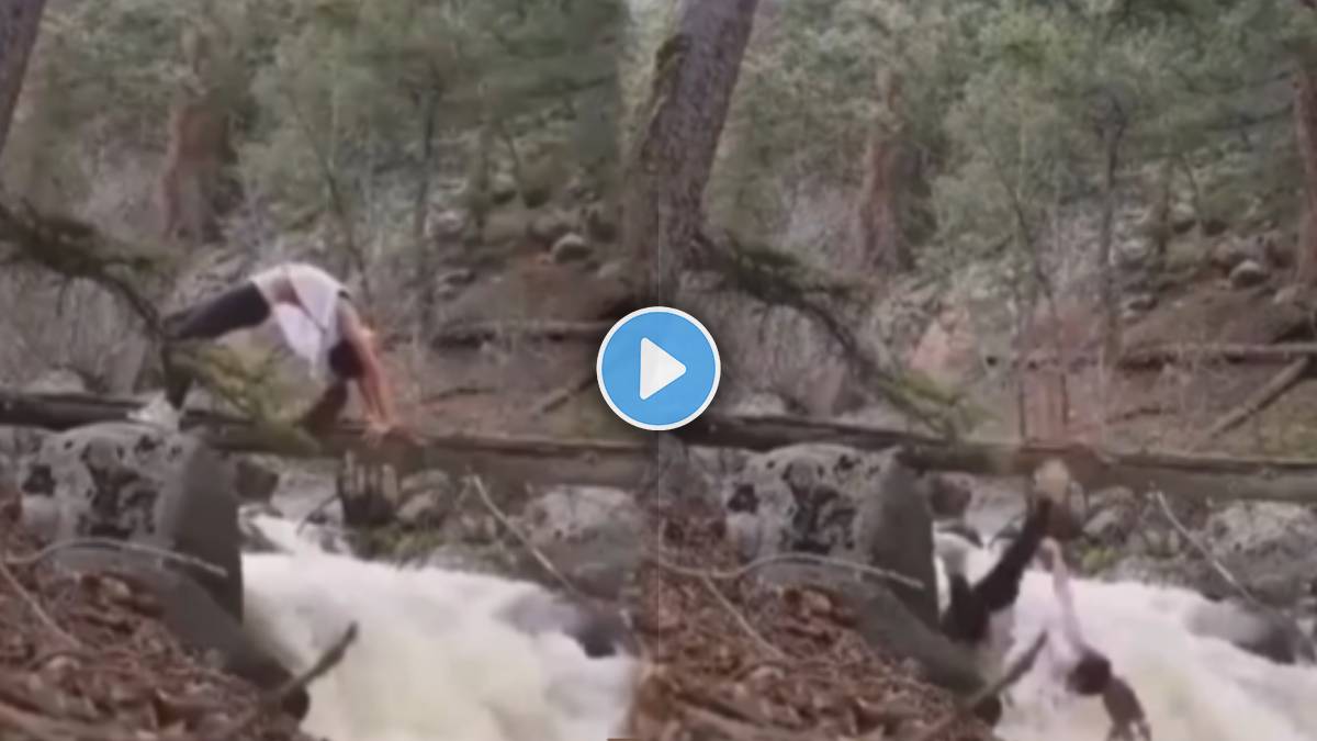 women doing yoga fall into river
