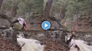 women doing yoga fall into river