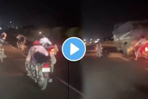 Shocking truck accident while young man performing a life threatening stunt on a bike