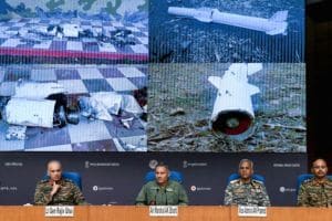 Indian air defence system intercepting enemy missiles and drones