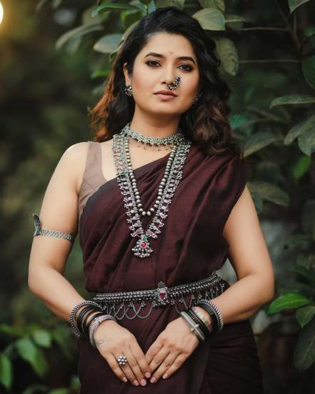 Prajakta Mali Brown Saree Look