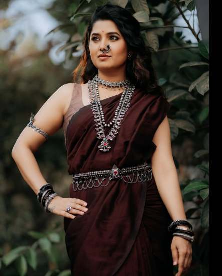 Prajakta Mali Brown Saree Look