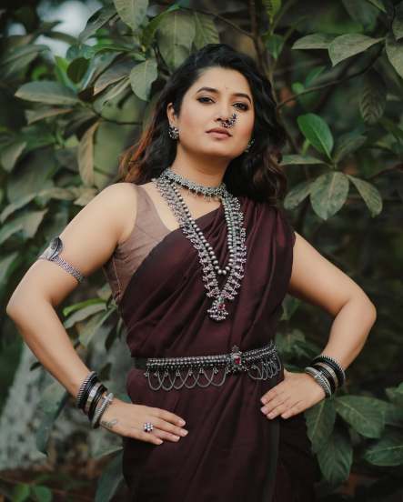 Prajakta Mali Brown Saree Look