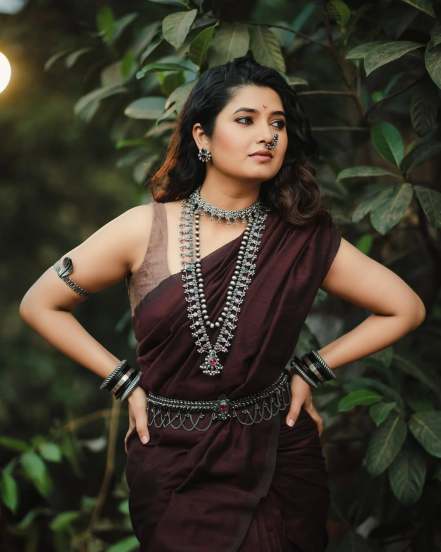 Prajakta Mali Brown Saree Look