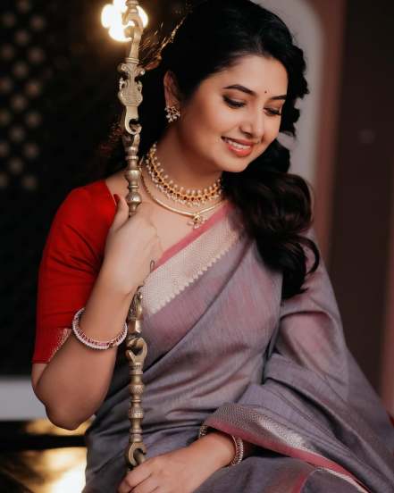Prajakta Mali Brown Saree Look