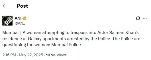 Woman Arrested For Attempting To Trespass Into Salman Khan Galaxy Apartments