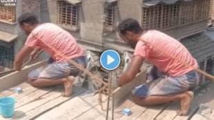 Worker Desi Jugaad while constructing a building