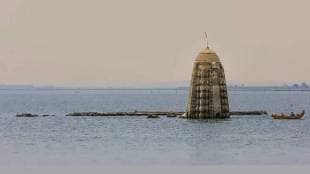 The ancient temple of Palasnath submerged in the reservoir of Ujani Dam in Indapur Palasdev Tehsil has become visible