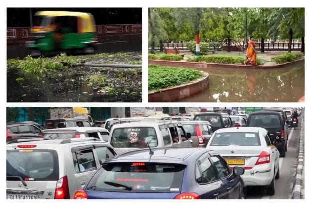 दिल्लीत रविवारी झालेल्या मुसळधार पाऊस आणि वादळामुळे अनेक भाग पाण्याखाली गेले. मोती बाग, मिंटो रोड आणि दिल्ली विमानतळ टर्मिनल १ च्या परिसरातील प्रमुख भागांना मोठा फटका बसला. मोठ्या प्रमाणात पाणी साचल्याने वाहतूक विस्कळीत झाली आणि प्रवाशांना विमान प्रवासात विलंब झाला.