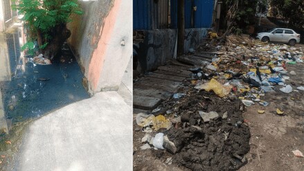 Garbage on Kopri road is blocking the drain, causing sewage to collect in the housing complex and creating a serious health issue