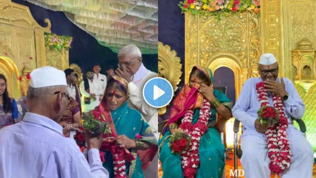 Elderly couple celebrating 50 years of marriage with emotions and love