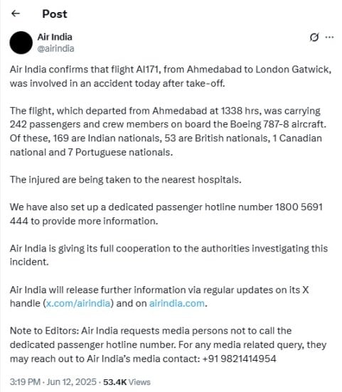 Air India Statement on Ahmedabad Flight Crash