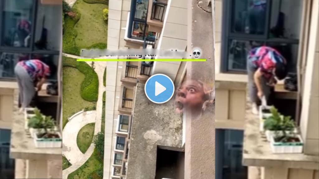 Aunty Standing on onto the balcony of a tall building for Gardening plant