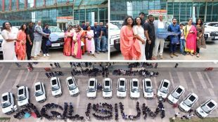 Employees pose with new Hyundai Creta SUVs gifted by Chennai IT company on its 10th anniversary
