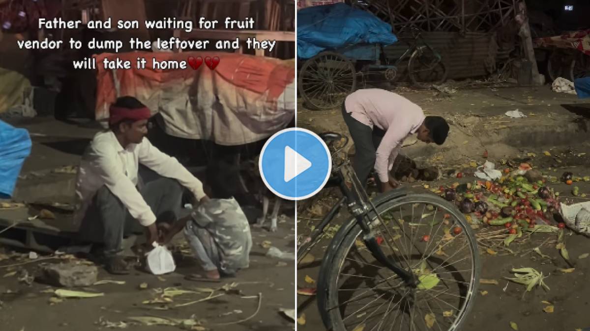 Father and little Son waiting for fruit vendor to dump the leftover sp ...