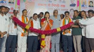 MLA Shweta Mahale making a statement at Vikasit Bharat Sankalp Sabha