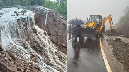Mahabaleshwar heavy rain Tapola road cracks collapsed Communication with 15 villages lost