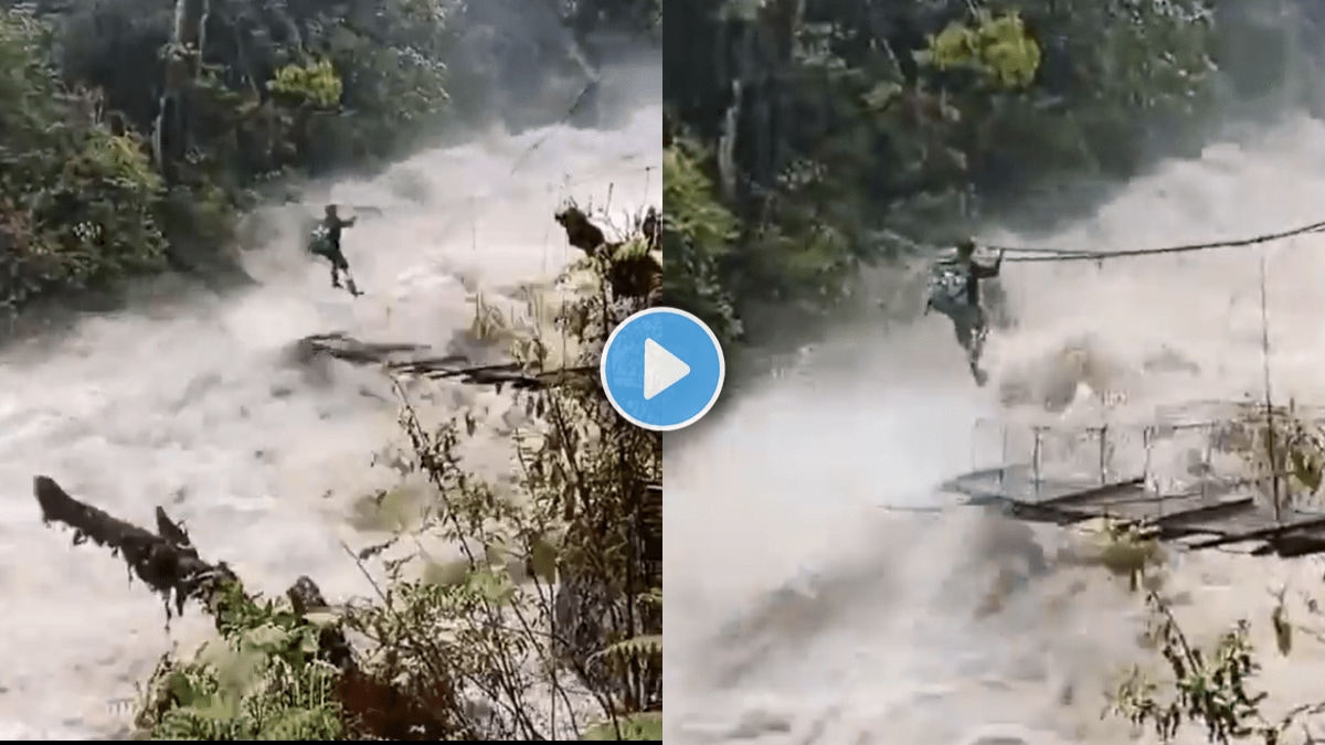 Man Crosses Dangerous River on Broken Hanging Bridge in Flood-Hit Arunachal Viral Video Union minister Rijiju urges caution snk 94