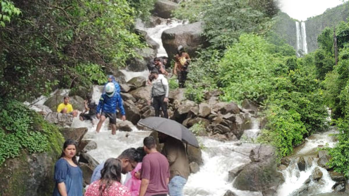 Tourist crowd Mangeli Fanaswadi waterfall Dodamarg sindhudurg