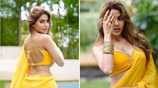 Nikki tamboli bold look in yellow saree