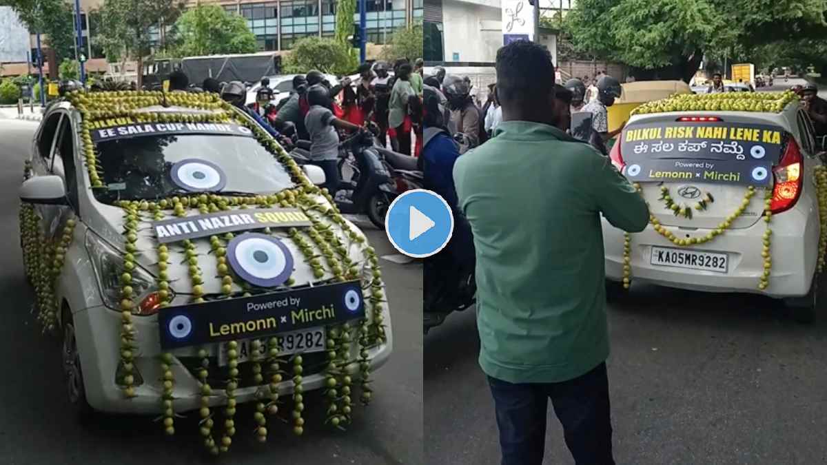 RCB Fans Unique Car with Lemon Mirchi to Prevent Bad Omen For Final vs PBKS on Bengaluru Road IPL 2025