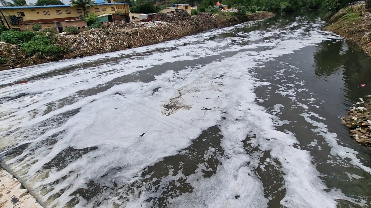 Waldhuni river , foam Waldhuni river, urban sewage,