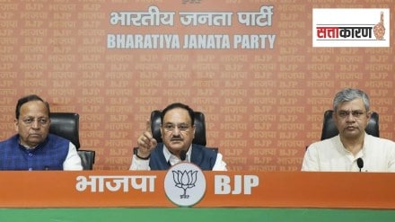 BJP National President Jagat Prakash Nadda, along with party leaders Ashwini Vaishnaw and Arun Singh addresses a press conference on "Viksit Bharat Ka Amrit Kaal: Seva, Sushasan aur Garib Kalyan ke 11 Saal"