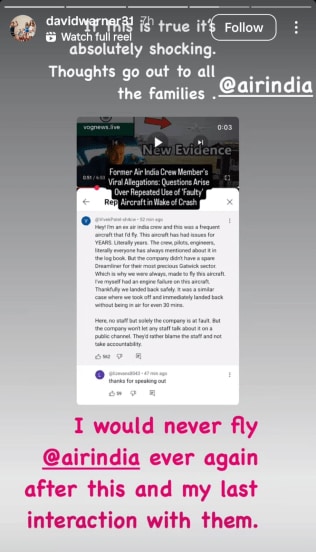 David Warner Instagram Story