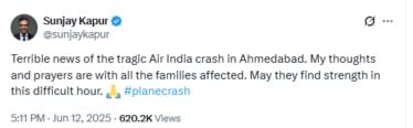 sunjay kapoor last post ahmedabad plane crash