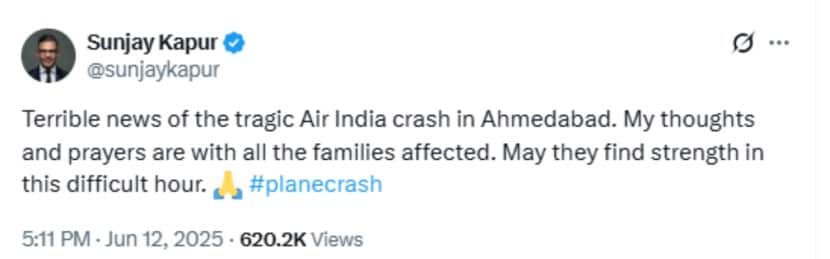 sunjay kapoor last post ahmedabad plane crash